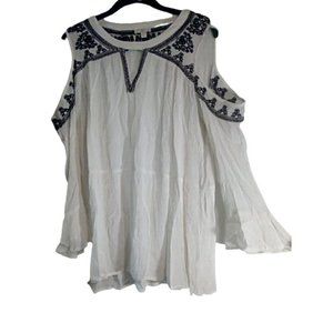 Charming CharlieTop Sz S White Cold Shoulder Long Bell Sleeve Black Needlepoint